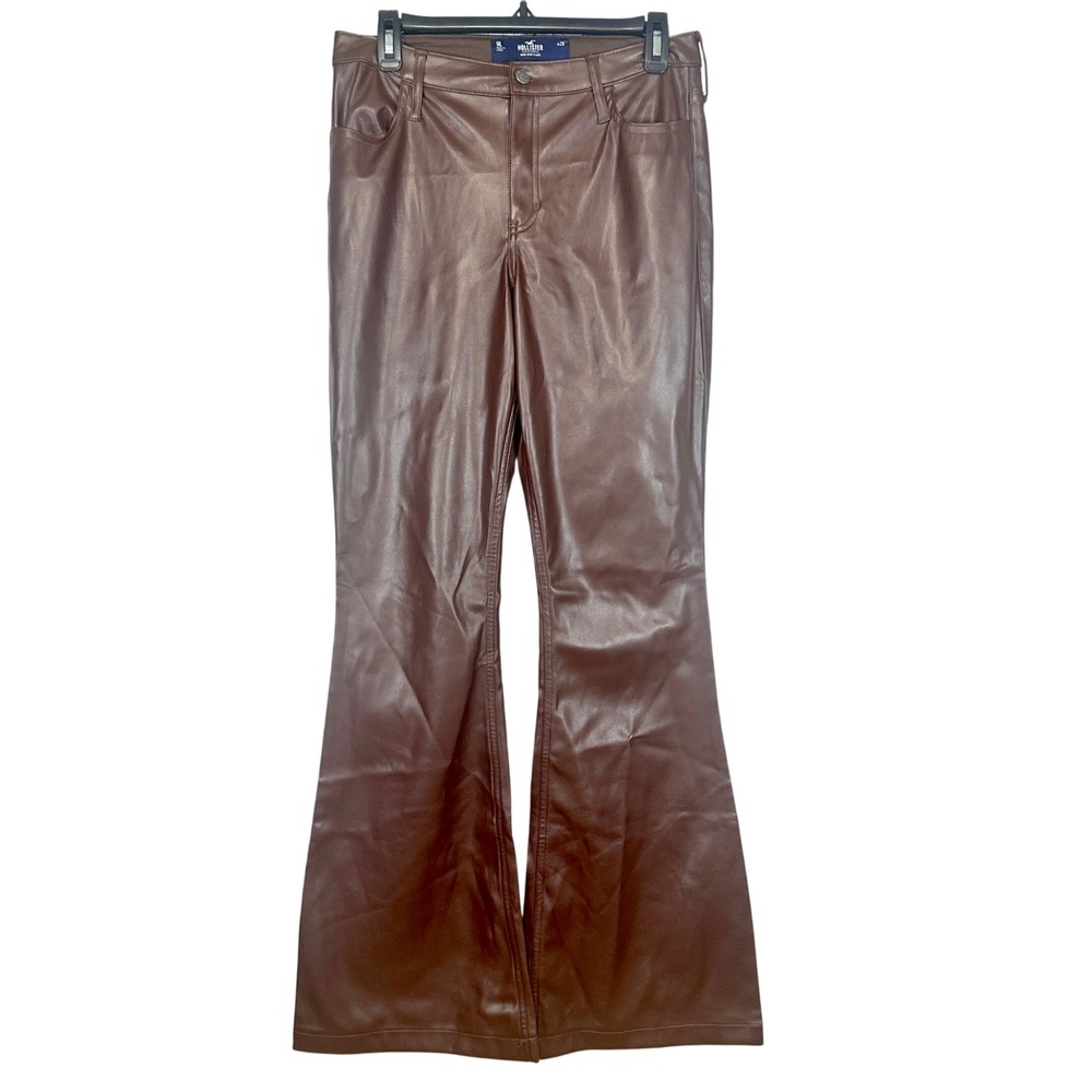 NWT Hollister Brown Faux Leather High-Rise Flare Pants Womens 9L W29 Retro Disco